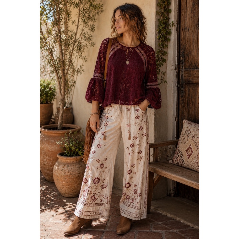 Laundry by Shelli Segal Burgundy Velvet Flocked Lace Bell Sleeve Blouse Small